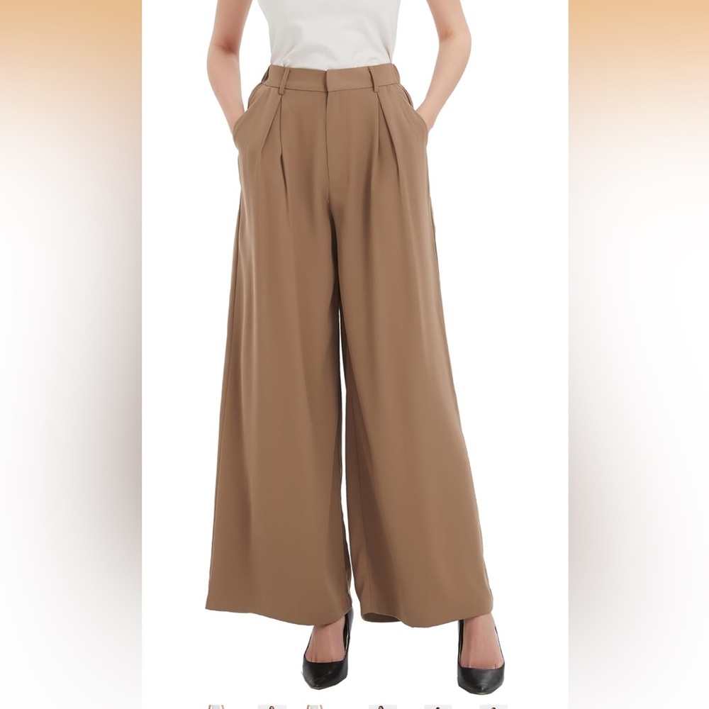Tronjori Tan Taupe Super Wide-Leg Flowy Women's Pants